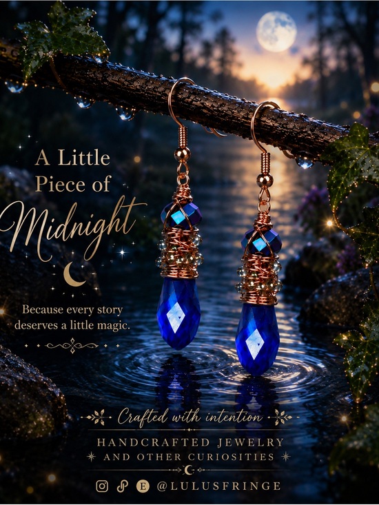 Artisan Jewelry - Blue Austrian Crystal Hammered Copper Chaos Wrapped Earrings Artisan Designed